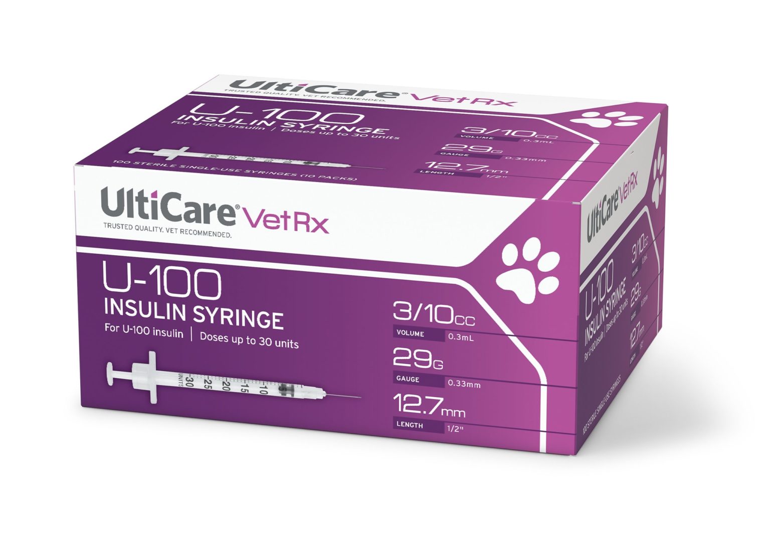 U-100 UltiCare VetRx Insulin Syringes 100/box (3/10cc, 29g x ½